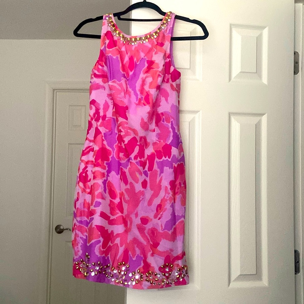 Lilly Pulitzer pink and purple beaded silk dress size 0